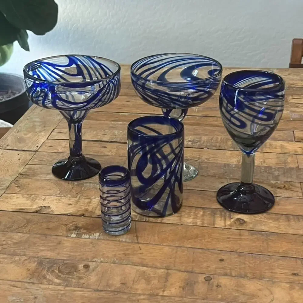 Blue Swirl Glassware Set 2 Margarita 1 Shot Glass 1 Wine Glass 1 Highball Glass